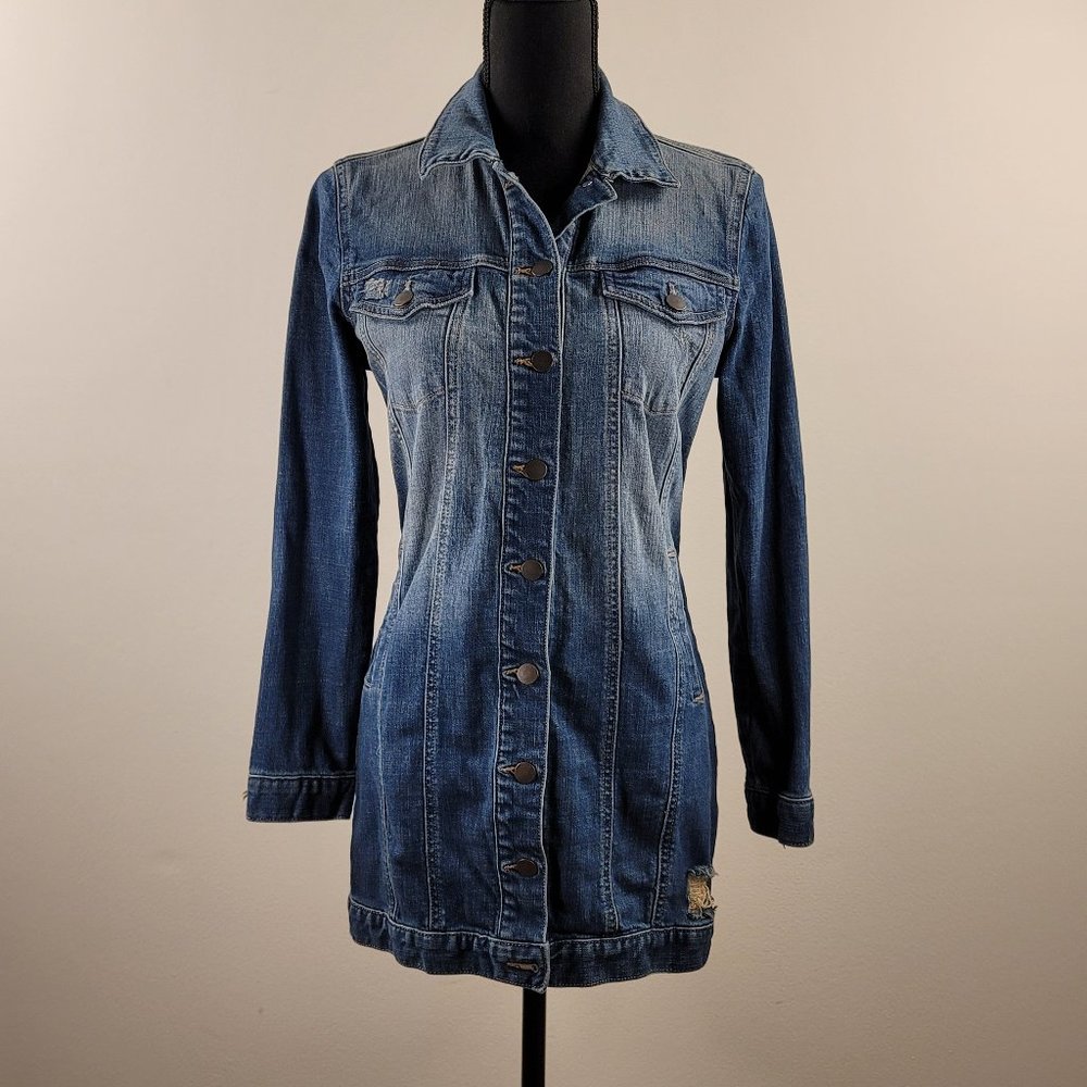 Fashion Nova Arlington Medium Wash Denim Dress XS | Distressed Long Denim Jacket